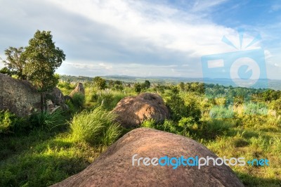 Summer Mountains Green Grass And Blue Sky Landscape Stock Photo