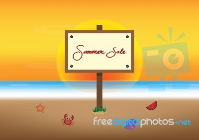 Summer Sale Promotion Season With Board And Sea Beach Background… Stock Image