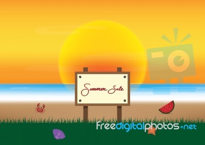 Summer Sale Promotion Season With Board And Sea Beach Background… Stock Image