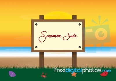 Summer Sale Promotion Season With Board And Sea Beach Background… Stock Image