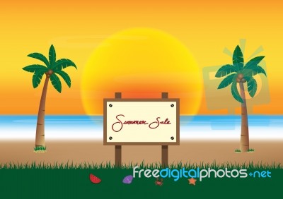 Summer Sale Promotion Season With Board And Sea Beach Background… Stock Image