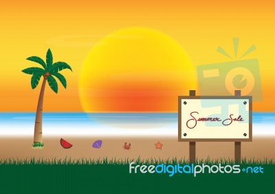 Summer Sale Promotion Season With Board And Sea Beach Background… Stock Image