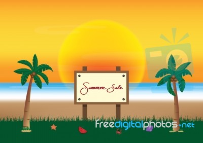 Summer Sale Promotion Season With Board And Sea Beach Background… Stock Image