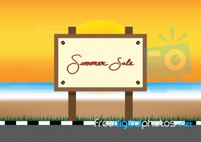 Summer Sale Promotion Season With Board, Sunset, Footpath And Se… Stock Image