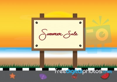 Summer Sale Promotion Season With Board, Sunset, Footpath And Se… Stock Image