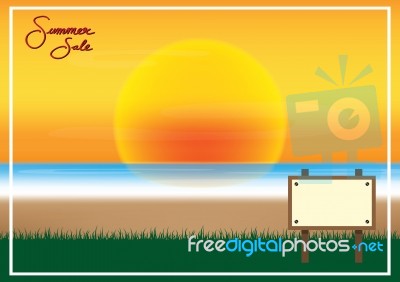 Summer Sale Promotion Season With Board, Sunset, Sea Beach And F… Stock Image