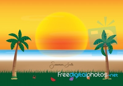 Summer Sale Promotion Season With Coconut Tree And Sea Beach Bac… Stock Image