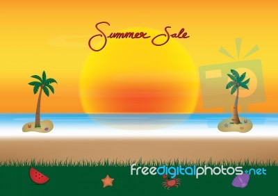 Summer Sale Promotion Season With Coconut Tree And Sea Beach Bac… Stock Image