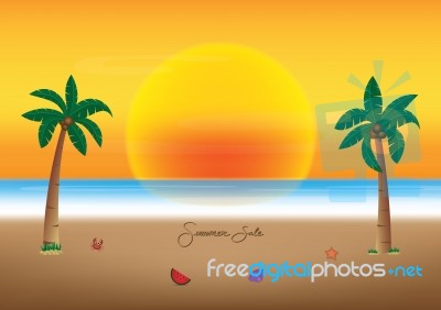 Summer Sale Promotion Season With Coconut Tree And Sea Beach Bac… Stock Image