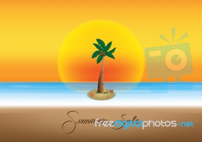 Summer Sale Promotion Season With Coconut Tree, Sunset And Sea B… Stock Image