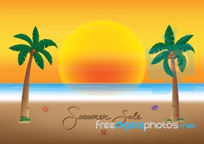 Summer Sale Promotion Season With Coconut Tree, Sunset And Sea B… Stock Image