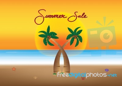 Summer Sale Promotion Season With Coconut Tree, Sunset And Sea B… Stock Image