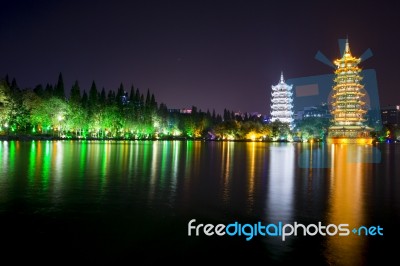 Sun And Moon Pagoda At Guiling - China - Night View Stock Photo