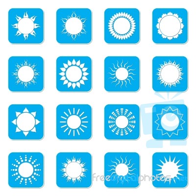 Sun Icon Set. Blue Square Shape.  Illustration Stock Image