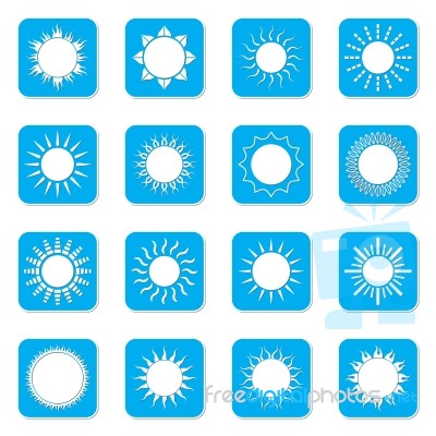 Sun Icon Set. Blue Square Shape.  Illustration Stock Image