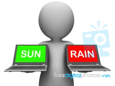 Sun Rain Laptops Shows Weather Forecast Sunny Or Raining Stock Image