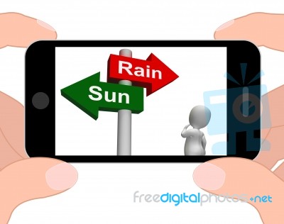 Sun Rain Signpost Displays Weather Forecast Sunny Or Raining Stock Image