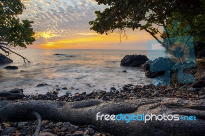 Sun Rising Sky At Rayong Province Eastern Of Thailand Stock Photo