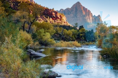 Sun Setting Over The Virgin River Valley Stock Photo