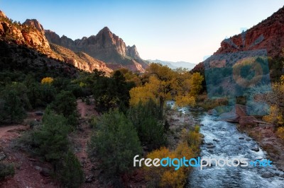 Sun Setting Over The Virgin River Valley Stock Photo