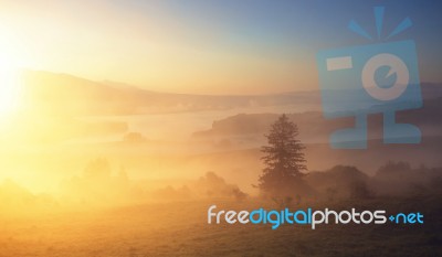 Sun Shining Through Fog On Mountain Stock Photo