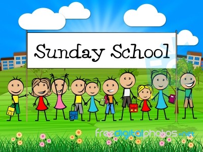 Sunday School Banner Represents Prayer Praying And Youngsters Stock Image