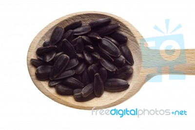 Sunflower Seeds On Wooden Spoon Stock Photo