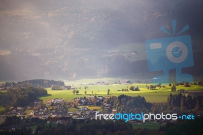 Sunny October Day In Austria. Autumn In Alps Stock Photo