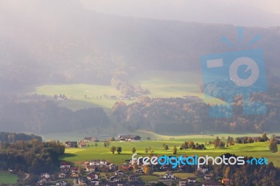 Sunny October Day In Austria. Autumn In Alps Stock Photo