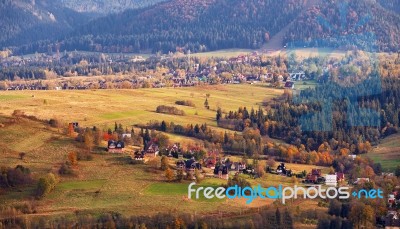 Sunny October Day In Mountain Village. Autumn In Poland Stock Photo