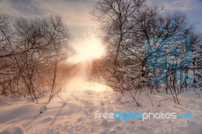 Sunny Winter Morning On A River Stock Photo