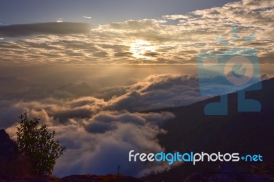 Sunrise And The Sea Of Fog In The Mountains Stock Photo