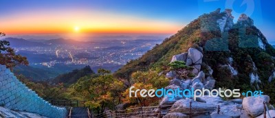 Sunrise At Baegundae Peak And Bukhansan Mountains In Autumn,seoul In South Korea Stock Photo