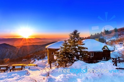 Sunrise At Deogyusan Mountains In Winter,south Korea Stock Photo