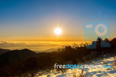 Sunrise At Deogyusan Mountains In Winter,south Korea Stock Photo