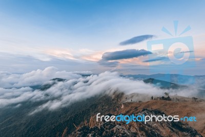 Sunrise At Mountain In Sienna-blue Color Two Tone Stock Photo