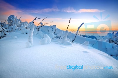 Sunrise On Deogyusan Mountains Covered With Snow In Winter,south Korea Stock Photo