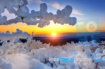 Sunrise On Deogyusan Mountains Covered With Snow In Winter,south Korea Stock Photo