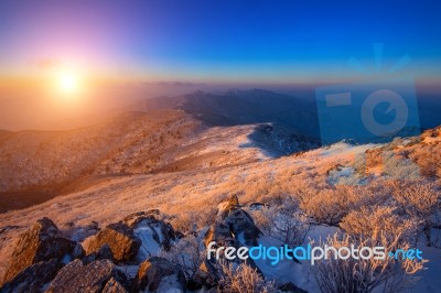 Sunrise On Deogyusan Mountains Covered With Snow In Winter,south Korea Stock Photo