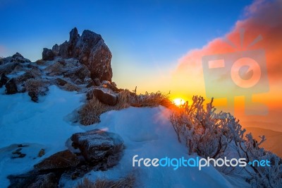 Sunrise On Deogyusan Mountains Covered With Snow In Winter,south Korea Stock Photo