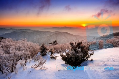 Sunrise On Deogyusan Mountains Covered With Snow In Winter,south Korea Stock Photo