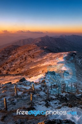 Sunrise On Deogyusan Mountains Covered With Snow In Winter,south Korea Stock Photo