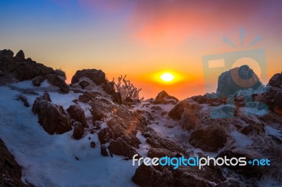 Sunrise On Deogyusan Mountains Covered With Snow In Winter,south Korea Stock Photo