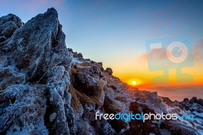 Sunrise On Deogyusan Mountains Covered With Snow In Winter,south Korea Stock Photo