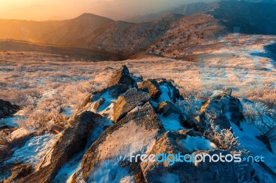 Sunrise On Deogyusan Mountains Covered With Snow In Winter,south Korea Stock Photo