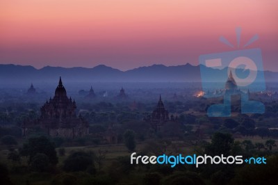 Sunrise Over Temples Of Bagan In Myanmar Stock Photo