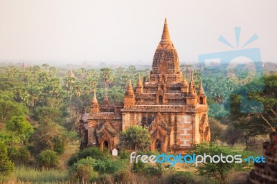 Sunrise With Old Temple And Green Lanscape, Bagan, Myanmar Stock Photo