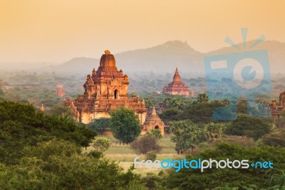 Sunrise With Old Temple And Green Lanscape, Bagan, Myanmar Stock Photo