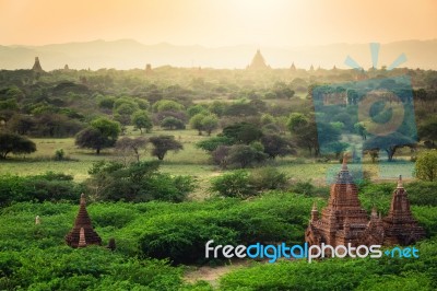 Sunrise With Old Temples And Green Lanscape, Bagan, Myanmar Stock Photo