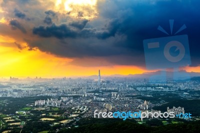 Sunset And Beautiful Sky At Lotte World Mall In Seoul,south Korea.the Best View Of South Korea At Namhansanseong Fortress Stock Photo